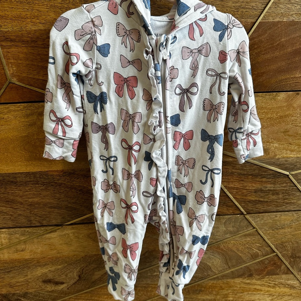Posh Peanut Pink and Blue Bow Print Hooded Romper